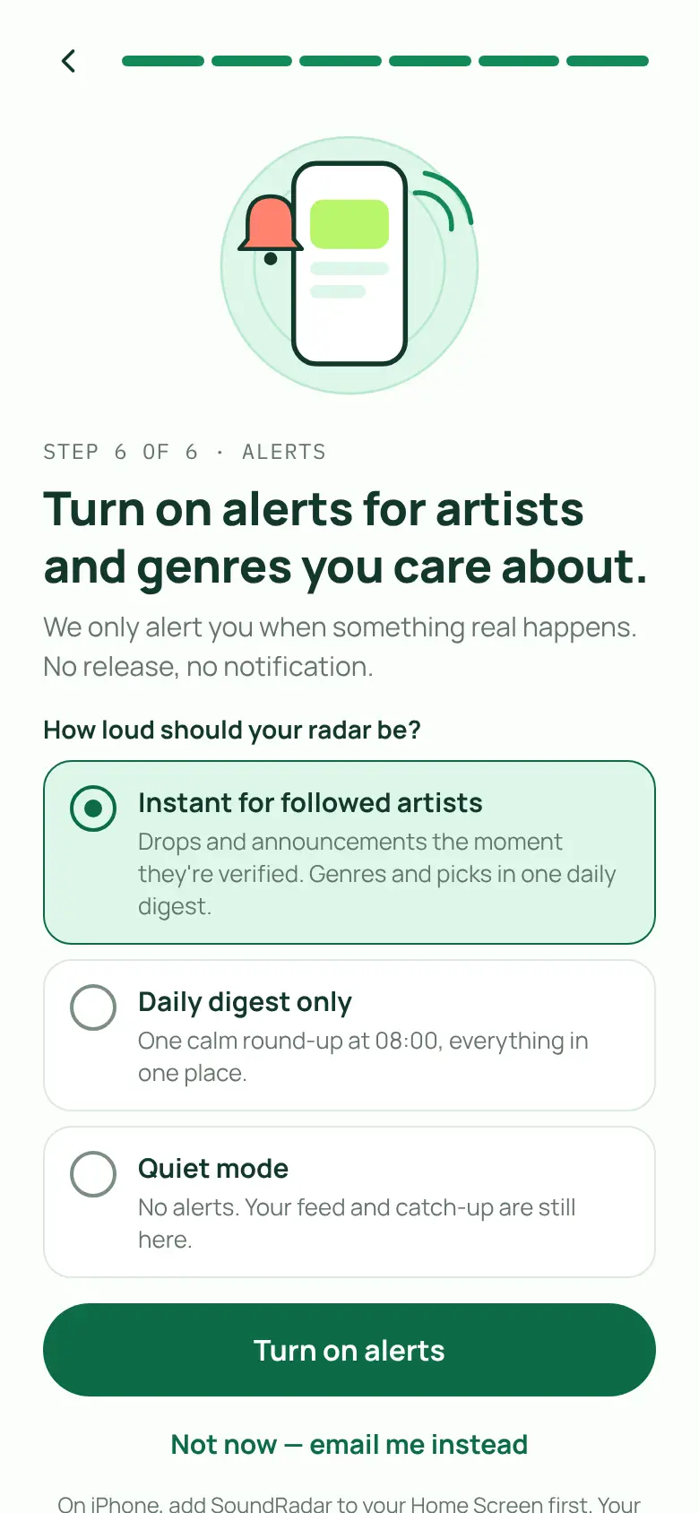SoundRadar alert settings screen with instant, digest and quiet options