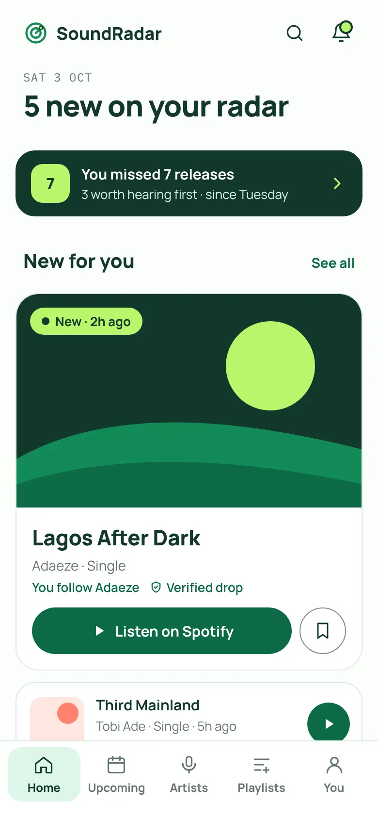 SoundRadar home feed: a new single from Adaeze with a Listen on Spotify button